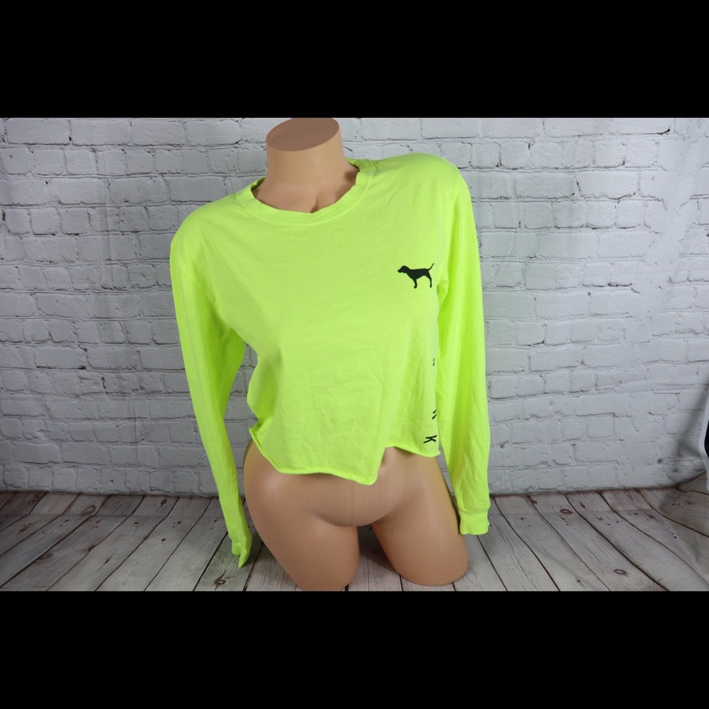 VS PINK Logo Print Long Sleeve Crop Top Neon Green - Picture 3 of 6
